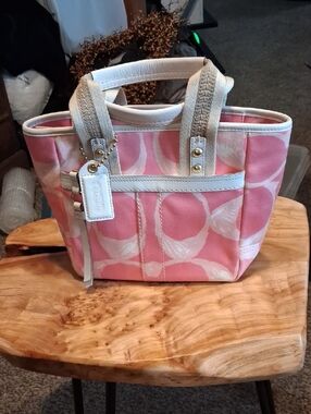 Coach Pink and White Canvas Tote with Leather Trim